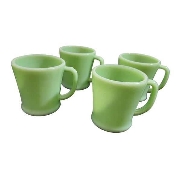 4 VINTAGE FIRE KING JADEITE GREEN COFFEE MUGS D HANDLE FLAT BOTTOM 1960'S EUC - Picture 1 of 3